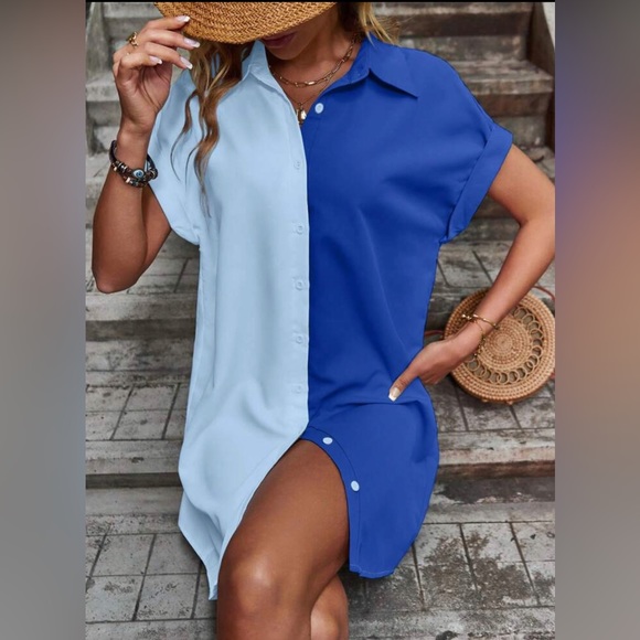 NWT WOMEN'S TWO TONE BATWING SLEEVE SHIRT DRESS- BLUE- SMALL (4) - Picture 1 of 4